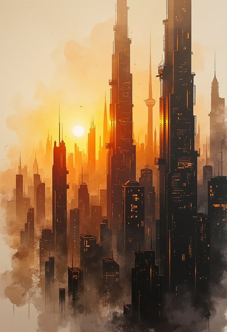 Inkplash art on rice paper, sepia, henna , Silhouette Art, magnificent, inkwash of an advanced sci-fi cityscape, with gleaming towers and skyscrapers, clear sky, sunset, golden hour