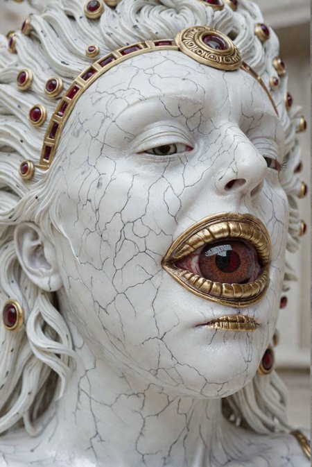1000x1500, 1000 x 1500; Upper body portrait, in the style of dark white and light bronze, gold filigree, fierce alien priest on an alien planet, adorned with garnet and bloodstone gemstones, standing in ancient white marble temple, extremely detailed head and face, (eye contact with viewer), hyper detailed, hyper quality, artstation award winner, Epic realism, meticulous masterpiece, epic action, cinematic, award winning artwork, many details, patterned illumination, bad VHS tape image artifacts, 1000x1500. All surface textures are highly realistic and varied, even on the same surface, showing the attention to detail of reality, and the painstaking time taken to craft this image. All textures are in some areas slightly more or less sparse and varied to ensure a realistic appearance, and this level of care applies to every centimeter of the picture. In reality, things are rarely perfect, and flaws are considered beautiful, and this composition embraces and uses these flaws to create truth. From the varying textures of surfaces, each one bringing something new and unique to the composition, and the imperfections or random variation in anatomical configurations, each things is perfect in its imperfection, telling a story of in its textures and complexity, 1000 x 1500. The most compelling work of art ever produced, every intricate detail holding a narrative or philosophical concept that entrances. The entire composition is lauded by the modern masters as truly mesmerizing, the artwork itself considered by some too sacred to even show the common world. The work is dynamic and complicated, with multiple forms of media layered in complex and innovative ways, at times mind-bending in the creative solutions the artist found to produce what is lauded as the only truly creative work ever produced by mankind