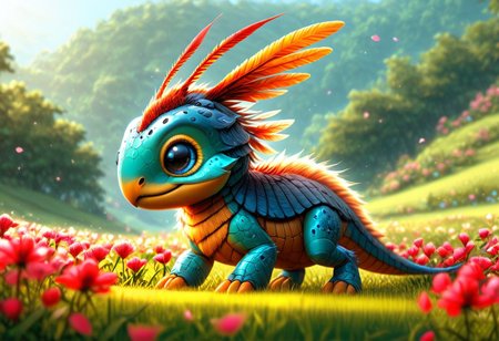 An adorable with big tits ladybug-flamingo hybrid creature with flower petal-like feathers, standing in a field of pink and red flowers, hyperrealistic, using the EasyNegative model. The creature should be extremely detailed, following HK style, and appear as if made from wooden art. The scene should also include elements of an insectosaur. Ensure the overall image is whimsical and enchanting