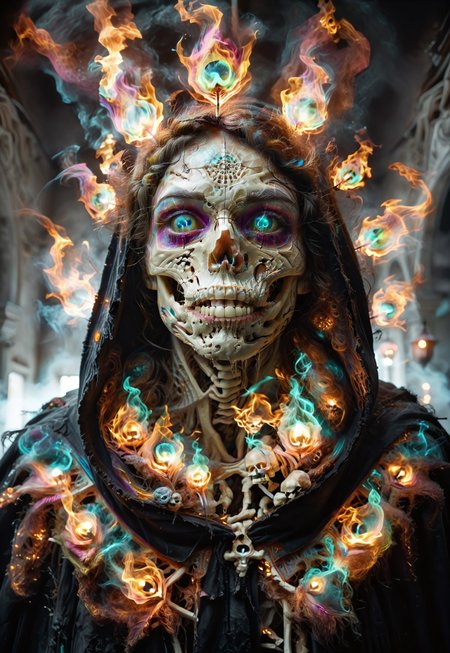 score_9, score_8_up, score_7_up, face focus, extreme perspective, closeup, creepy and mysterious (Peacock angel of death), cloak and hood made of peacock, vibrant colors, skeletal features, bony pictures giving a thumbs up, dark crypt-like background, inside, highly detailed, rich colors, inner glow, dynamic composition, breathing multicolored fire of luminous purple and blue