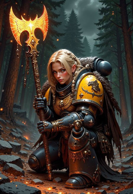 A fierce female SpaceW40K warrior crouched low, gripping a long, ornate axe with both hands, illuminated by a fiery orange aura that highlights intricate golden designs on the blade and hilt; rugged expression, blonde hair flowing freely, clad in power armor with a dark cloak draping over her back; misty twilight forest background with dark looming trees, smoky ethereal air, glowing embers and sparks around; earthy browns, oranges, and golds dominate the scene, contrasting with cooler dark greens and grays of the forest, creating a mystical, intense atmosphere