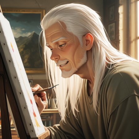 masterpiece, best quality, amazing quality, absurdres, newest, detailed background, definition so sharp, Ultra-HD, 8K cinematic, very awa, impressionate, amazing quality, highres, 
solo, male focus, manly, 
daikakukokujouji, lieutenant_white hair, lieutenant_brown eyes, 1boy, solo, old man, long hair, painting, focused expression, slight smirk,loose-fitting clothes, art studio, natural light, paintbrushes, canvas, satisfied, creative, absorbed, expressive, calm, joyful, cool hobby
