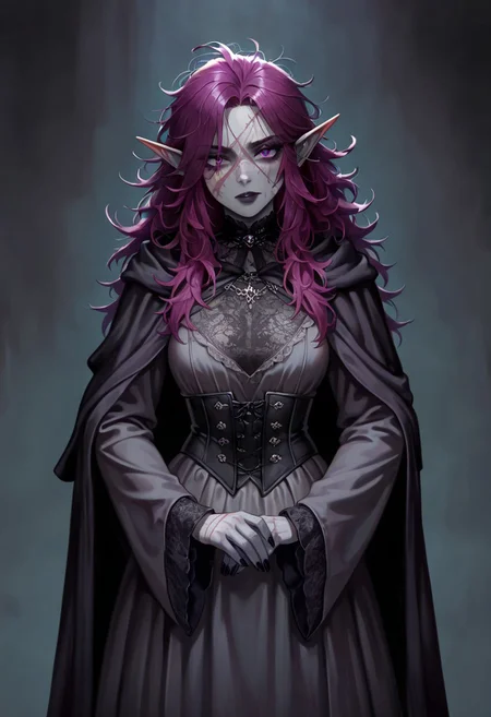masterpiece, best quality, newest, absurdres, highres, 
D3-ART-V1.0, 
1girl, goth, gothic, goth fashion, victorian, elf, coreset, messy hair, scar, scars, scar on face, robe, medival, medival clothing, 
Purple hair, Purple eyes, grey skin, colored skin, grey colored skin,