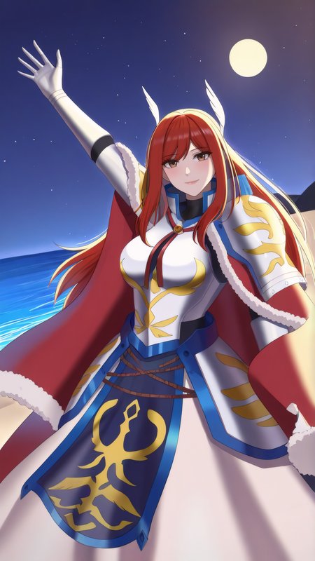 masterpiece, best quality, very aesthetic, absurdres, BREAK, 1girl, looking at viewer, cowboy shot, 
<lora:Farewell_Erza_Illu_Dwnsty:1>, erz_farewell, brown eyes, red hair, long hair, wing hair ornament, hair ornament, head wings, valkyrie, armored dress, shoulder armor, red cape, gauntlets, fur trim, boots, pauldrons,
large breasts, lips,  light smile, waving, hand up, arm up,
beach, starry sky, ocean, moonlight, moon, sand,