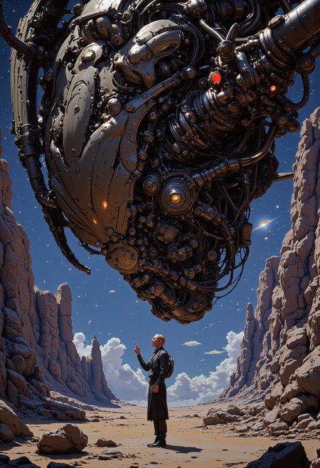 In a surreal alien landscape inspired by the works of Moebius and Chris Foss, a colossal, mechanical creature looms over a barren terrain. Its intricate design features vibrant colors and fluid lines, reminiscent of comic book artistry blending into reality. The background showcases towering rock formations painted in iridescent hues, while a sky filled with swirling galaxies and cosmic phenomena creates a sense of infinite wonder. In the foreground, a small, humanoid figure in a sleek spacesuit stands, gazing up in awe, holding a glowing orb that pulses with energy. The atmosphere is charged with mystery and adventure, as if inviting the viewer to explore the unknown depths of the universe, blending whimsy and terror in a beautiful chaos.D4rkCyb3rDyn34n1m3 style, S1n0z1ck style, perfection style