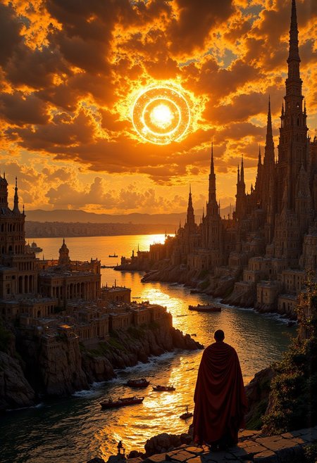  « The old sun set and cast up a fan of color. Sunset faded; white lights shone from the city, and music wafted across the water. »