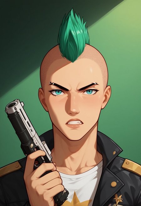 score_9, score_8_up, score_7_up, score_6_up, score_5_up, source_anime, d3t41l3d, misterppstyle, (masterpiece, high quality), uncensored, extremely detailed face, expressiveh, ((perfect eyes)), day, 1 man in shot, BREAK, solo, 
SplatterPunk , PonyXLV6_Scores , masculine,solo, (cowboy shot:1.3 , standing :1.3 , looking at viewer ) , masterpiece, jacket, graphic shirt, dangerous face , angry face ,  blue spiked hair , punk aesthetic , tatoo on arms ,
cmxbbespx, sci fi gun, weapon, holding, holding gun, holding weapon,clenched hands,
Mohawk hairstyle , bright green dyed hair, bright green hair,