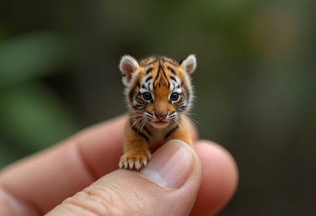 National Geographic-style macro photograph of a tiny tiger cub standing on a human fingertip. The tiger has natural orange and black stripes, with soft, realistic lighting that avoids any overly bright or artificial look. The skin texture of the fingertip is detailed and authentic, with a softly blurred background that enhances the focus on the tiny tiger. The overall image should convey a sense of wonder and realism, capturing the delicate and natural beauty of the scene.