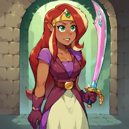 score_9, woman, solo, arzette,  <lora:Arzette:0.8> green eyes,dark skin,dark-skinned female,long hair,red hair,blonde hair,pointy ears, oekaki,  gloves, dress, tiara, sword, <lora:MindsEdge_XL:0.7> mindsedge