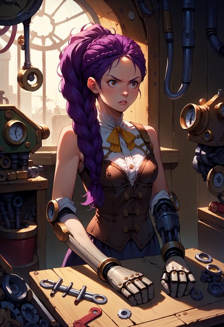 score_9, score_8_up,score_7_up, source_anime, 1girl, solo, <lora:EPfePetra:1>, 
EPfePtr, brown eyes, long hair, purple hair, single braid, braided ponytail,
 steampunk, goggles, mechanical arm, workshop, tools, gears, intricate outfit, corset, detailed, invention, spark, creative, messy hair, determined expression, laboratory, clockwork