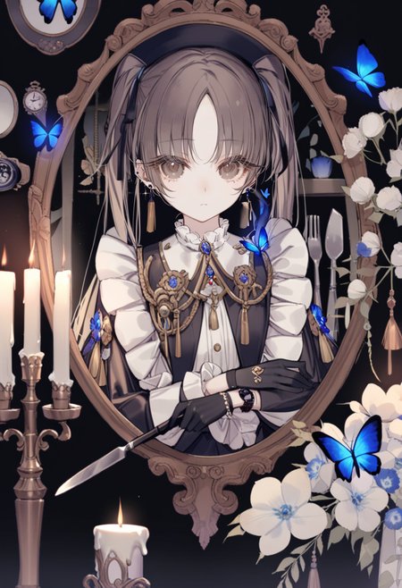 masterpiece, best quality, <lora:yoggiXL_ANI31_lokr_V43P1:0.95>  1girl, candle, flower, solo, bug, jewelry, hat, butterfly, long hair, picture frame, earrings, black headwear, gloves, white flower, long sleeves, looking at viewer, blue butterfly, fork, black background, upper body, candlestand, blue flower, tassel, branch, black gloves, clock, twintails, closed mouth, knife, watch, gem, brown eyes, expressionless, frills, parted bangs, dress, fire, black hair, brown hair, shirt, mirror