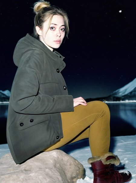 analog photograph of 1girl looking like Kristen_Sims_P_MXAI_SDXL , sad expression, wearing a winter coat, wearing winter pants, wearing winter boots, sitting on a rock by a frozen mountain lake, midnight, moonlight, shot from the side, PA7_Portrait-FL  filmgrain