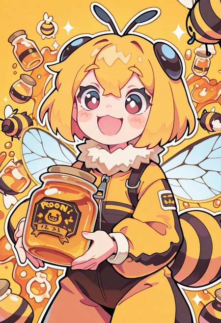 1 girl , solo , bumblebee costume , honey jar , holding honey jar , cute , happy , bee antenna , bee wings ,
masterpiece, best quality ,amazing quality ,S4bit4mago_illu , Protoneon  ,s0wasow4rt_illu,