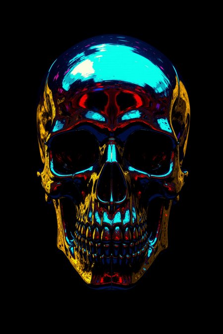 <lora:FANCHA_v.4:0.8> Fancha style.  This striking image features a hyper-stylized skull with a mirror-like, metallic finish set against a stark black background, creating a sense of dramatic isolation. The skullâs surface is glossy and reflective, with a prismatic array of vibrant colorsâelectric blues, fiery oranges, rich purples, and flashes of red and yellowâflowing seamlessly across its contours. These colors appear as streaks and swirls, almost as if neon lights are refracting across the smooth, glassy texture, giving the skull a fluid, almost liquid-metal appearance.  The play of light and color emphasizes the bone structure with sharp highlights and deep shadows, making the hollows of the eyes, nose, and jaw appear ominous and cavernous. This blend of metallic sheen with intense, chromatic reflections lends a futuristic and surreal quality, reminiscent of cyberpunk or digital art aesthetics. The overall composition feels both eerie and hypnotic, combining themes of mortality with a sense of modern, synthetic beauty. The minimalist black background intensifies focus on the skull, allowing the colors and intricate reflections to stand out with striking clarity and emphasizing a sense of mysterious allure.