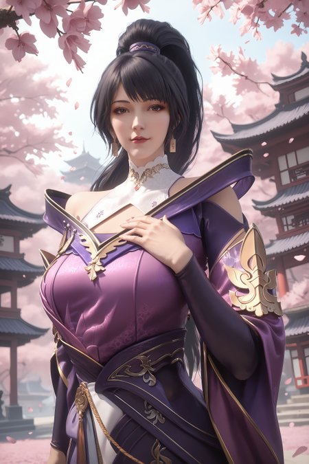 score_9, score_8_up, score_8, source_real,real skin, rating_explicit, mature female, ExpresiveH, best quality, unreal engine,game,cg, very aesthetic, CG, masterpiece, ultra high res, highres, More Details, high rating,Intricate and refined delicate details,  looking at viewer,
<lora:age_slider_v4:4>,
 <lora:moyuxin:1>, 1girl, solo, ponytail, upper body, purple dress, jewelry, black hair, long hair, dress, earrings, east asian architecture,  Cherry blossom, tree, hand on own chest,