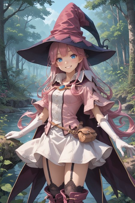 score_9, score_8_up, score_7_up, score_6_up, source_anime, BREAK, <lora:Pamela:0.85> pamdef, 1girl, pink hair, long hair, blue eyes, witch hat, white skirt, witch outfit, white elbow gloves, cape, black zettai ryouiki, thighhighs, garter straps, boots, cowboy shot, looking at viewer, smile, happy, scenery, exterior, outdoors, forest, jungle,  <lora:backgroundsetXL:0.3> , background,