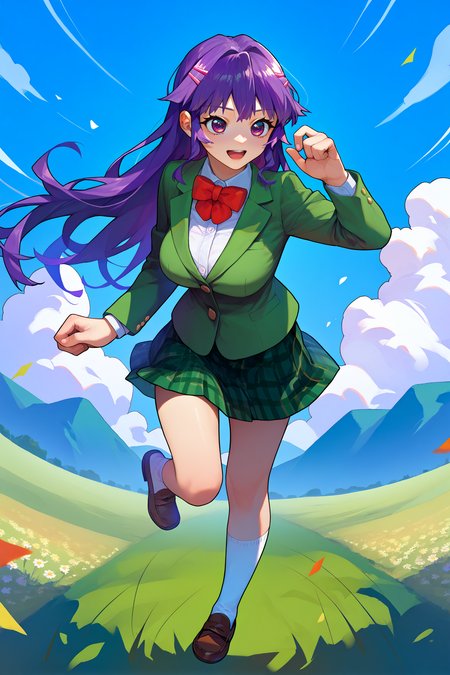 score_9, score_8_up, score_7_up, score_6_up, source_anime, 1girl, solo, <lora:shiinachizuru-pdxl-nvwls-v1-000005:1> schzru, purple hair, long hair, purple eyes, hairclip, large breasts, anime coloring, green blazer, red bow, bowtie, green skirt, plaid skirt, full body, socks, loafers, happy, running, hand up, field, blue sky, clouds