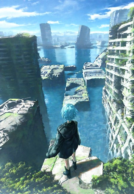 gyoukan \(jfxc\), original, unknown, 1girl, black footwear, black jacket, blue hair, blue sky, boots, building, day, flood, from above, full body, jacket, outdoors, overgrown, post-apocalypse, ruins, scenery, sky, skyscraper, solo, standing, water