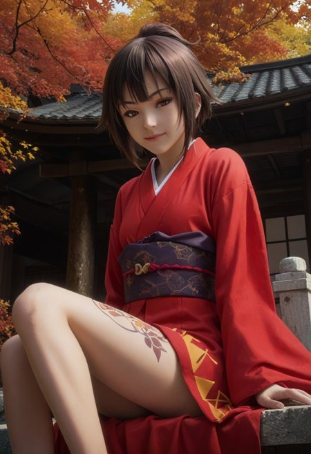 score_9, score_8_up, score_7_up, score_6_up, 
1girl, megumin, 
kimono, tattoos, Japanese architecture, temple, autumn,
seductive smile, come hither, sitting, holding own legs, cowboy shot, dutch angle,