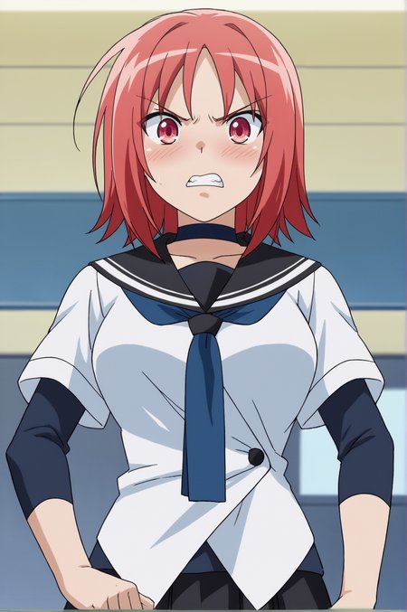 score_9, score_8_up, score_7_up,anime_source, source_anime, best background, detailed background, anime screencap,  Akane, 1girl, blue neckerchief, choker, sailor collar, school uniform, serafuku, shirt, angry, blush, tsundere, dynamic angle, fuck finger, middle finger, indoors, <lora:JN_Akane_Mishima:0.8>