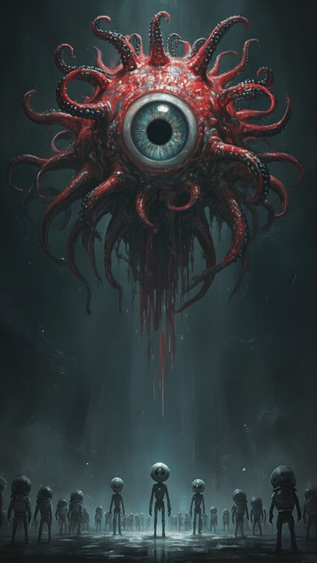 A dark fantasy illustration of an enormous biological creature floating in the center of the composition, its shape mimicking a human eye but on a vastly disproportionate scale; the creature is detailed with pixelated textures and vibrant red hues that contrast dramatically against the darker, desaturated background; the top half of the eye is surrounded by tentacles adorned with black, iridescent nodules, giving it an eerie, unsettling presence; at the bottom of the image, a collection of small, otherworldly entities resembling miniature robots can be seen, their bodies light-toned and their heads oversized in relation to their bodies; the cool, tinted illumination of the eye casts a deep shadow over the small bots, heightening their diminutive stature in the scene.