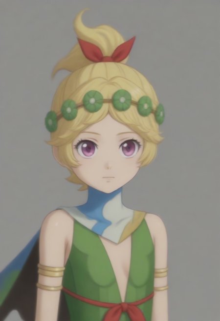 source_anime, anime screencap, source_anime, auratheguillotine, anime screencap, masterpiece, source_anime, shiny skin,,,,,, <lora:zs_DemeterXL:1> demetersmt, blonde hair, ponytail, head wreath, purple eyes, green dress, cleavage, cape, armlet, bracelet,