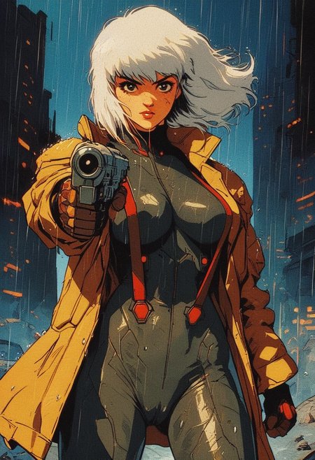 score_9, knva, 1girl, realistic, retro artstyle, detailed gorgeous cute face, looking at viewer, large breasts, wet white hair, bob haircut, rain trench coat, cyberpunk, (wearing skin tight grey camo leggings), [camel-toe], futuristic city in background, wearing suspenders, action stance, wet, in the rain, aiming gun at viewer