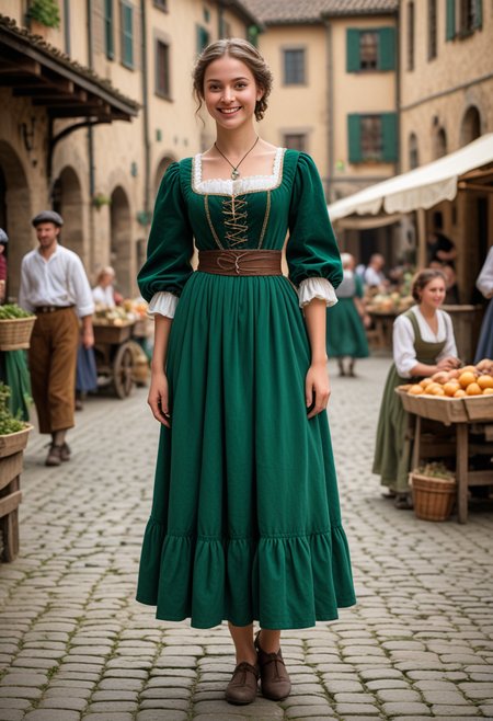 (medium full shot) of (poised young woman from the renaissance era), __cf-renaissance/ethnicity__, wearing a emerald green peasant dress with layered skirts, heeled shoes, decorative comb, set in the renaissance era, in  a quaint village square, with cobblestone streets, market stalls, villagers going about their day, woman smiling, Masterpiece,best quality, photo, realistic, very aesthetic, detailed face,