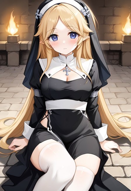 core_9, score_8_up, score_7_up,
BREAK source_anime, best quality, masterpiece, rating_safe, uncensored, High quality, 8k, Ultra detailed, insanely detailed, beautiful, prefect lighting, 1girl, 
BREAK yukaridef, very long hair, blonde,
nun, thighhighs, cleavage, long sleeves,black dress
BREAK (Cave, firewood, fire, water droplets, stone bed, rough floor,Cobblestone wall),
