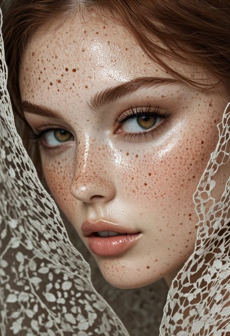 Beautiful brown-haired woman with freckles, fashion photography, lace outfit, in the style of Taylor Wessing, in the style of Vik Muniz, organic surrealism, close-up shot, collaborations and collectives.