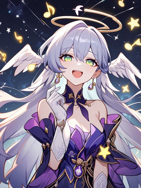 1girl,solo,robin \(honkai: star rail\),
white gloves,smile,looking at viewer,open mouth,halo,upper body,very long hair,detached sleeves,jewelry,hand up,musical note,earrings,head wings,green eyes,
starry background,night sky,glowing,singing,mechanical halo, 
<lora:robin_1-000028:1>,