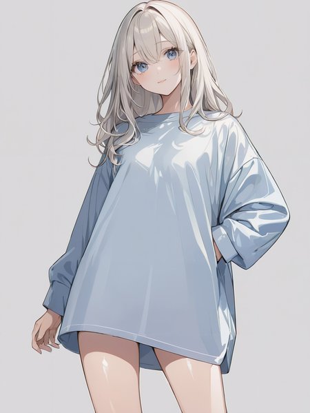 masterpiece,ultra-detailed,best quality,8K,illustration,cute face,clean skin ,shiny hair,girl,ultra-detailed-eyes,simple background, <lora:add-detail-xl:1> <lora:oversized shirt_XL_V1.0:0.7> oversized shirt,thighs