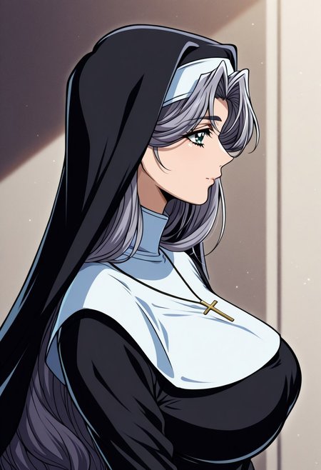 masterpiece, best quality, newest, highres, uncensored, 1girl, yokota mamoru style,1girl,
Kate Andou,Grey Hair, Waist Length Hair,long Hair, Wavy Hair,Green Eyes,Big Breast Sizes, 
1girl, solo, profile, nun, habit, from side, closed mouth, long sleeves, black hair