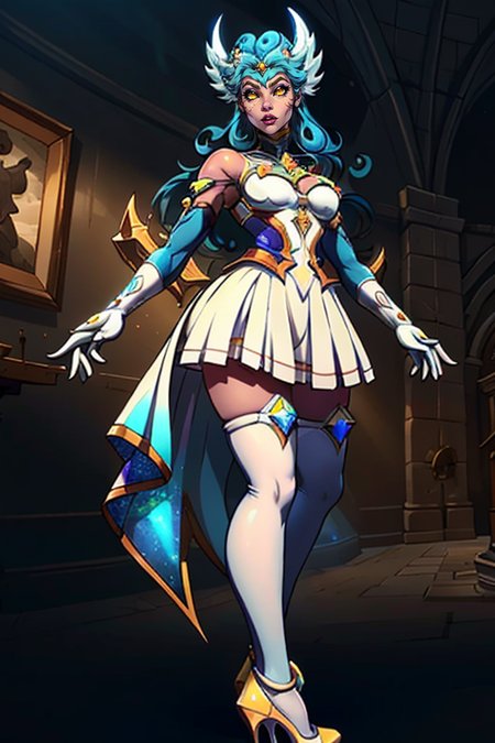 masterpiece,best quality,extreme detail,8k,image sharpness,<lora:lilith-10:0.8> lilith2, 1girl, solo, long hair, breasts, bangs, skirt, thighhighs, gloves, dress, bare shoulders, medium breasts, blue hair, full body, yellow eyes, elbow gloves, indoors, white gloves, high heels, white thighhighs, zettai ryouiki, star guardian (league of legends)