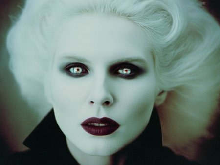 analog film photo of  <lora:Female Vampire 2:1.2>
Female Vampire a pale ice cold skin vampire woman with white hair and a white face and reflective eyes  in year 1897, faded film, desaturated, 35mm photo, grainy, vignette, vintage, Kodachrome, Lomography, stained, highly detailed, found footage