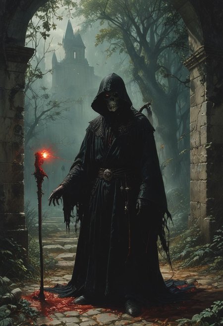 High resolution ultra-realistic of sinister The Grim Reaper, Intricately Designed Shroud, A Grim Reaper dressed in a black robe stands in a gloomy graveyard, He's holding a scythe with a bloody blade, head and shoulders portrait, Graveyard, 8k resolution concept art portrait by Greg Rutkowski, Dark Ages, Artgerm, WLOP, Alphonse Mucha dynamic lighting hyperdetailed intricately detailed Splash art trending on Artstation triadic colors Unreal Engine, 5 volumetric lighting, Cinematic Lighting, intricate, smooth, sharp focus digital painting, Asymmetrical Balance, hyperdetailed painting, dynamic lighting