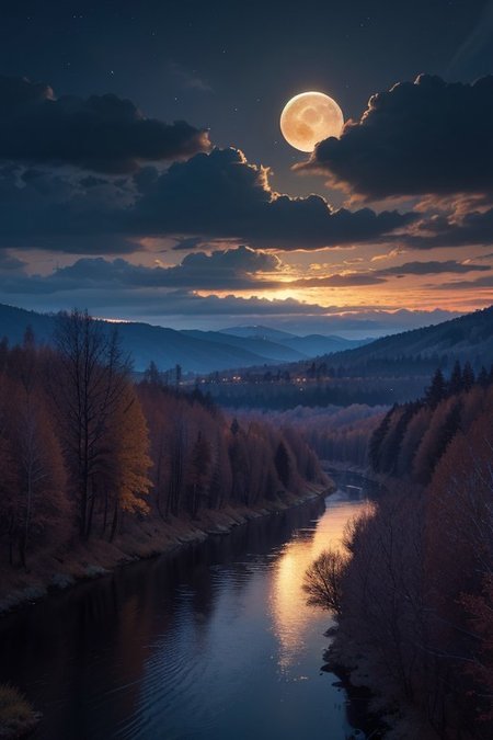 Skyscrapers,River,Mountains,forests,full moon, clouds, beautiful sky, night, epic landscape, desolate atmosphere, from below, photorealistic, masterpiece, 64k, UHD, ultra detailed, vivid colors, high quality, sharp focus