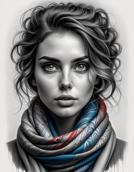A striking masterpiece of a woman, skillfully sketched in the style of LOISH. Her eyes are large and expressive, capturing the essence of her emotions. A patterned scarf is wrapped around the lower half of her face, covering her mouth and nose, while her wavy hair frames her face and partially covers her forehead. The grayscale loose charcoal sketch is brought to life with the selective color technique, using vibrant shades of red and blue. The ultra-detailed, minimalistic yet expressive and elegant drawing showcases the artist's professional and sleek style, evoking a cinematic atmosphere in this portrait photography., photo, portrait photography, cinematic, vibrant(glass painting,oil painting,digital art)   <lora:luxart:1>
