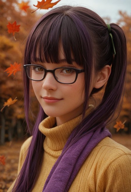 score_9, score_8_up, score_7_up, score_6_up, 
1girl, 25 years old, perfect face, adult, looking at viewer,
brown eyes,
purple hair, very long hair, twintails, sidelocks, blunt bangs, green ribbon, floating hair,
glasses, rectangular eyewear, black-framed eyewear,
yellow sweater, purple scarf,
autumn, autumn leaves, wind, 
blush, shy smile, 
portrait, face focus, detailed face,