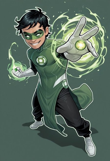 masterpiece, absurdres, high quality, perfect anatomy, 1boy, solo, cute boy, male focus, TaiPham, Black Hair, Green Lantern Ring, Green Lantern Costume, Green and Black Bodysuit, Green Domino Mask, White Eyes, White Gloves, Pelvic Curtain, Black Pants, White Shoes, Glowing Green Outline, Green Energy Aura, floating, levitating, big smile, cinematic, intricately detailed illustration, depth of field, masterpiece, best quality, amazing quality, very aesthetic, absurdres, newest, very awa,  shadow, dynamic angle, casual cosplay, dynamic pose, simple background, green theme, Arwe, Dynamism, Foreshortening
