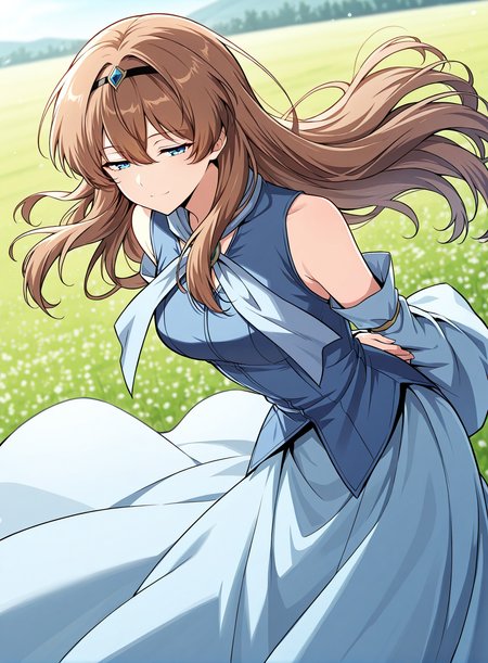 <lora:Anjac_Protesia__The_Knight_King_Who_Returned_with_a_God__Illustrious:1>
brown hair, long hair, hair between eyes, bangs, blue eyes
blue dress,  detached sleeves, hairband, skirt, long dress, wide sleeves, bare shoulders
score_9, score_8_up, score_7_up, very aesthetic, source_anime, detailed, high quality, beautiful, masterpiece, detailed eyes, field, blurry background, pose dynamic angle, upper body, cowboy shot, light smile, floating hair, half-closed eyes, hands behind back, leaning forward, looking forward, looking at viewer