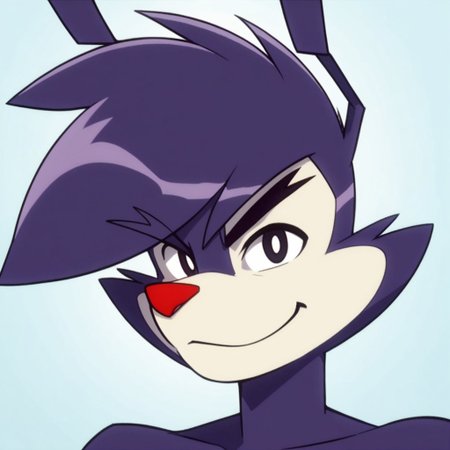 score_9, score_8_up, score_7_up, Expressiveh, masterpiece, best quality, highly detailed, realistic,  1boy, solo, (YakkoWB, furry, anthro, purple hair, short hair, red nose, black eyes, white pupils, cheek tuft, black eyebrows, purple body, purple fur, white fur, two tone fur), upper body,  blue background, simple background, closed mouth, smile, looking at viewer