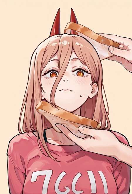 masterpiece, best quality, amazing quality, high quality, masterpiece, 8k, 
idiotsandwichalt, 1girl,1other, solo focus, holding food, bread slice, pov hands, upper body, girl face between bread,
Power_(Chainsaw_Man), simple background