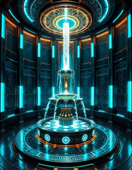 The center of a high-tech, alien temple-laboratory, where dark metallic walls shimmer under the glow of cyan vertical light tubes and faint sacred runes. In the middle of the chamber lies an elaborate biomechanical fountain, rising like an altar from a circular platform of engraved metal. The fountain pulses with iridescent liquid light, flowing in gravity-defying streams that spiral upward before cascading back into a glowing basin etched with ritual patterns. Bioluminescent veins run through the structure, illuminating the surrounding floor like circuitry. Overhead, a radiant, halo-like design casts a celestial glow, enhancing the surreal, sanctified atmosphere. The space exudes a fusion of sacred ceremony and alien technology, as if the fountain were a source of divine power worshipped by another world.
<lora:high-tech_alien_temple_f0unt41n:1>,high-tech alien temple f0unt41n,<lora:SDXLFaeTastic2400:0.4> <lora:extremely_detailed:0.4> extremely detailed, Masterpiece,best quality,hi res,8k,hi res,8k,award winning,(sharp focus, intricate, highly detailed),