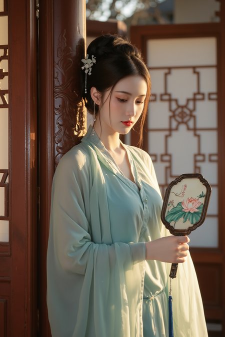 <lora:ãéº¦æ©éè¡£ãMajicflus:0.7>, qingyi, In the soft glow of dusk, a young woman leans against a carved wooden pillar, dressed in a cyan translucent hanfu with a loose neckline that reveals a subtle glimpse of her skin. The light refracts gently across her collarbones and chest. Her hair is styled in a high bun, adorned with a jade hairpin that has silver chains swaying delicately in the breeze. She holds an antique mirror painted with lotus flowers in both hands. The background features layered red wooden screens, their intricate carvings allowing golden sunlight to filter through and illuminate the scene.âââ