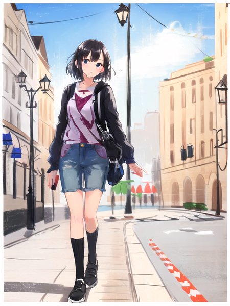 <lora:crayon_style_v1.0:1> crayon_sytle, masterpiece, best quality, 1girl, solo, walking, street, looking at viewer,