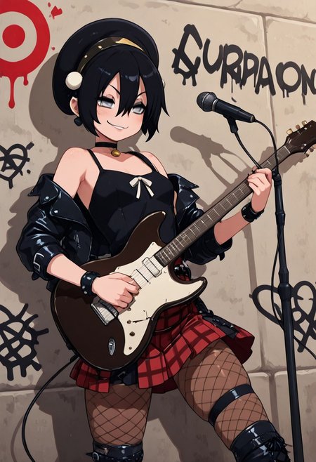 masterpiece, best quality, 1girl, solo, eyelashes, (beautiful eyes),   
zzToph, grey eyes, blind, hair between eyes, short hair, black hair,
 black leather jacket, ripped fishnet tights, plaid skirt, heavy eyeliner, punk boots, graffiti-covered alley, neon lights, microphone, electric guitar, rebellious smirk, confident stance a Under the flickering neon glow, Civchan grips the microphone, her voice cutting through the roar of the underground punk scene. A studded leather jacket hangs off her shoulders, her plaid skirt sways as she leans into the music, and her ripped fishnet tights reveal hints of skindentation. Behind her, a wall of graffiti adds to the chaotic energy, spray-painted slogans of rebellion blending into the electric atmosphere of the night. (cowboy shot, dynamic pose, foreshortening:1.1), 
(playing guitar:1.3),