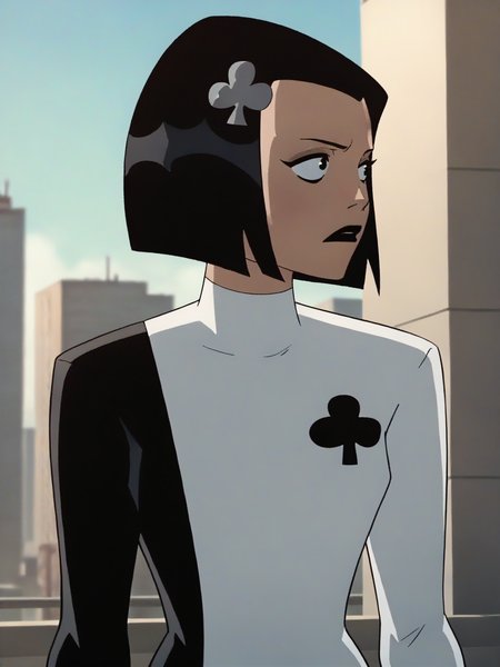 <lora:AcePony1.0:0.85> ace, 1girl, black hair, solo,  white leotard, short hair, hairclip, black lipstick, long sleeves, bob cut, looking to the side,simple background, upper body, cowboy shot,score_9, score_8_up, score_7_up, score_6_up, score_5_up, score_4_up city, cityscape,