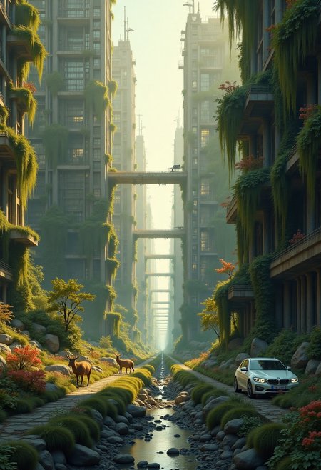 Create a highly detailed, photorealistic image of an abandoned metropolis reclaimed by nature. Towering skyscrapers are draped in lush green moss, creeping vines, and multicolored fungi, their glass and steel facades nearly hidden. Streets are blanketed with dense grasses, wildflowers, and small trees, with abandoned cars half-buried, entwined in vines. A small stream flows through, reflecting the overgrown buildings and golden sunset. Deer, birds, and small mammals roam and graze in this urban jungle. Capture it from a wide-angle, street-level view looking up at the skyscrapers, during golden hour, with warm light casting long shadows, blending man-made decay and nature’s resilience in a serene, haunting mood.