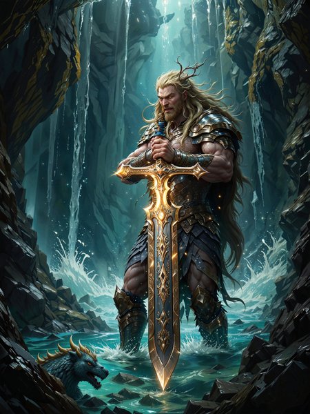VALHERO, art, painting,score_9, score_8_up, score_7_up, Portrait, An epic depiction of Beowulf, the mighty Norse-Geatish hero, locked in a climactic battle within the dark, dripping halls of an ancient underwater cavern. Armed with the legendary giant-forged sword he claimed in desperation, Beowulf swings the massive blade with supernatural strength against the hulking form of Grendel's vengeful mother. The blade glows faintly with runic inscriptions, sparking against her impenetrable scales as torrents of water crash around them.     <lora:Heroes_of_Valhalla_PONY:1.0>